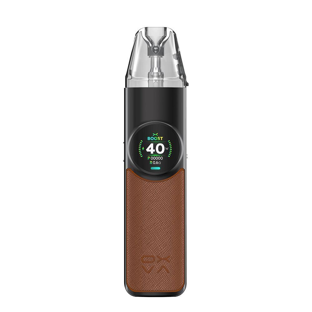 Oxva NeXLIM Pod Kit in Dunkelbraun mit Texturgriff, transparentem Mundstück, rundem Display zeigt "BOOST", "40W", "P00000", "R0.6Ω".