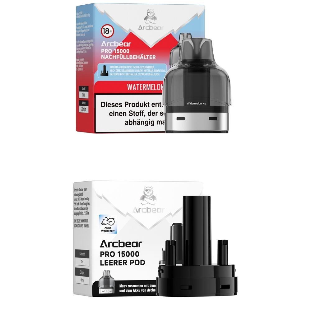 Arcbear Pro 15000 Pods - Watermelon Ice 20mg Zwei Verpackungen von Arcbear Pro 15000 Pods; eine mit einem schwarzen Nachfüllbehälter, die andere mit einem schwarzen leeren Pod, beide mit sichtbarem Branding.