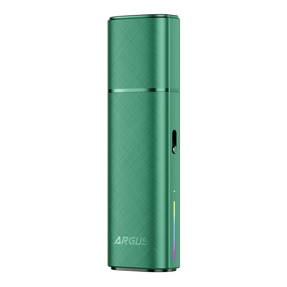 Voopoo Argus Klyc Pod Kit in Moss Green mit ArGus-Logo, schmalem Schalter und farbigem Streifen auf der Vorderseite