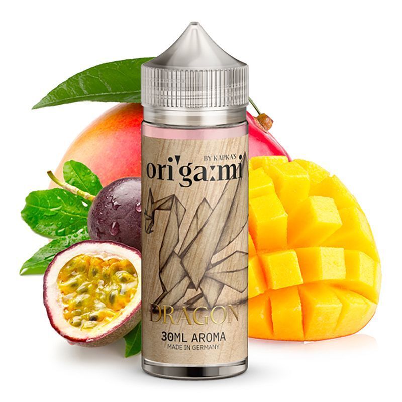 Aroma Origami Dragon von Kapkas Flasche Kapkas Aroma Origami Dragon 30ml mit abgebildetem Origami-Drachen, umgeben von Mango, Passionsfrucht und Traubenblatt.