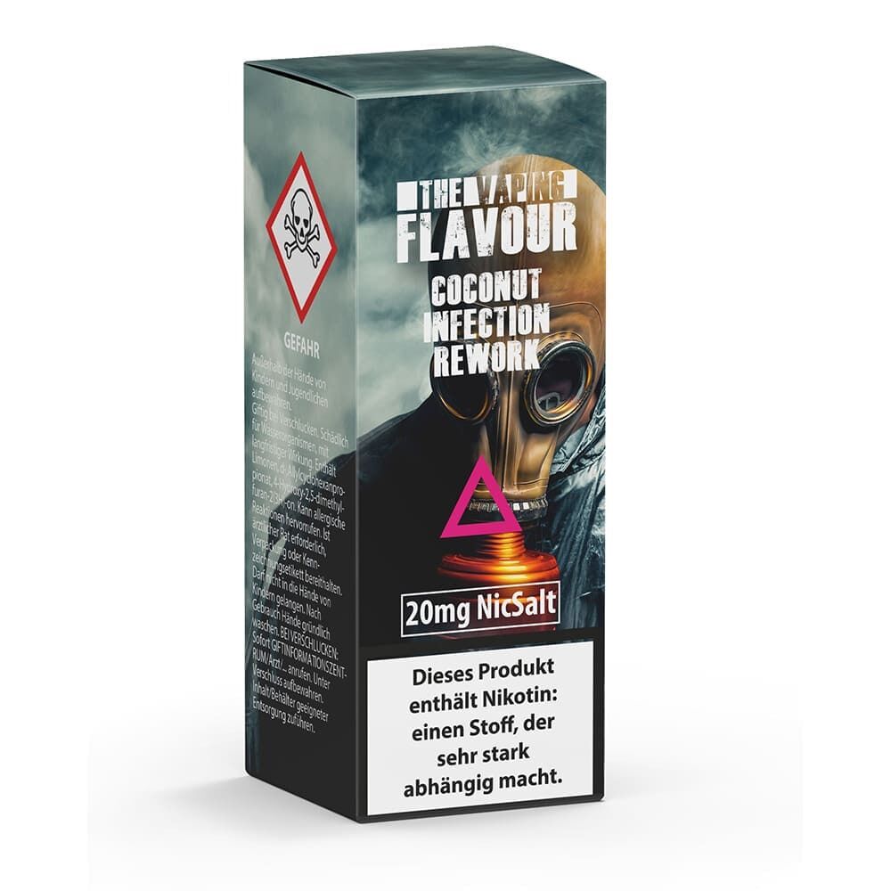 Coconut Infection Rework 20mg - The Vaping Flavour Verpackung von The Vaping Flavour Nikotinsalz Coconut Infection Rework, 20mg Salz, mit Warnhinweis und Symbol einer Gasmaske.