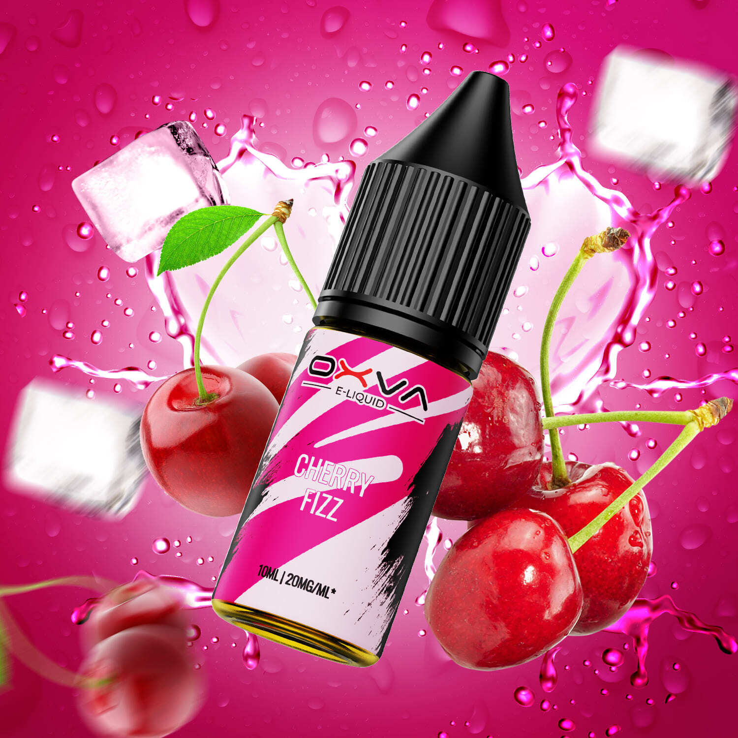 Oxva E-Liquid-Flasche Cherry Fizz 20mg vor spritzigem Hintergrund mit Kirschen und Eiswürfeln, 10ml Flasche mit schwarzer Kappe