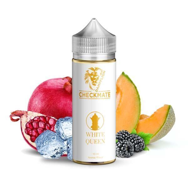 Aroma White Queen von Dampflion Checkmate Dampflion Checkmate Aroma White Queen Flasche vor Granatapfel, Melonenscheibe, Brombeere und Eiswürfeln.