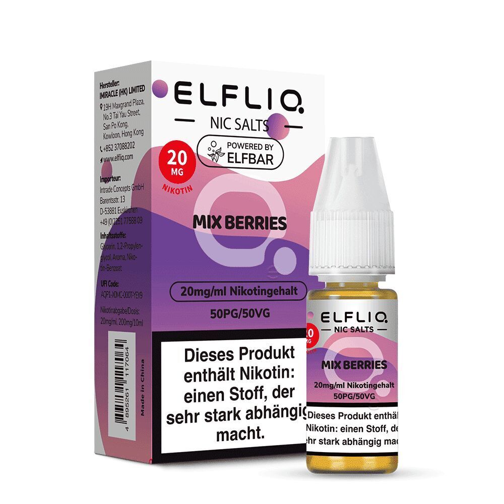 Elfliq Nikotinsalz - Mix Berries 20mg Elfliq Nikotinsalz Mix Berries 20mg Packung und Flasche, violett-pinkes Design, 20mg/ml Nikotingehalt, Hinweis auf Nikotinabhängigkeit.