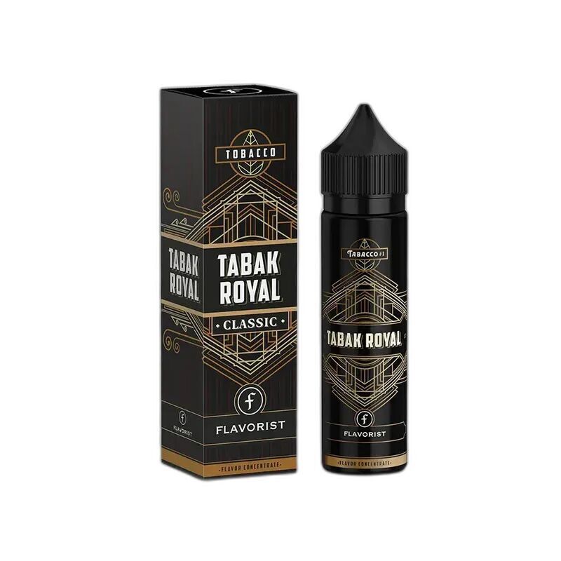 Aroma Tabak Royal von Flavorist Flavorist Aroma Tabak Royal, ein schwarzer Flakon und passende Verpackung mit geometrischen Mustern, Aufschrift "Classic" und "Flavorist".