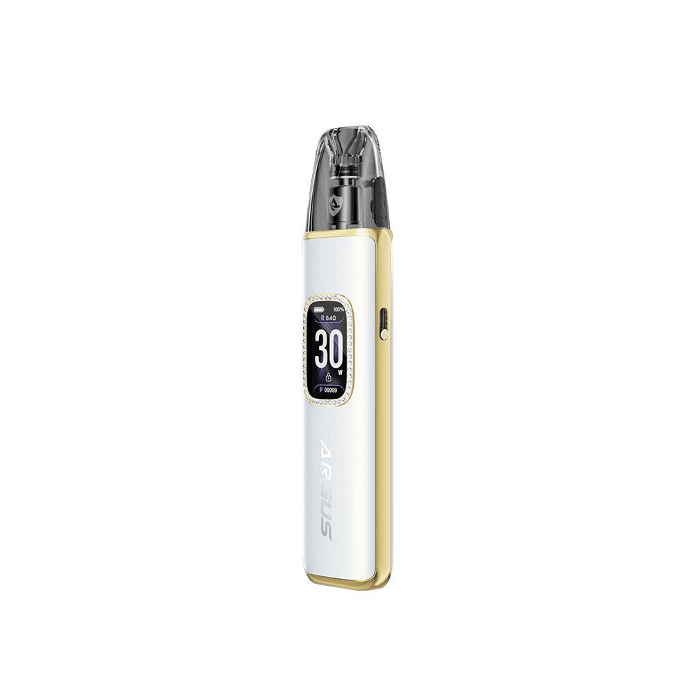 Voopoo Argus G3 Pod Kit Weiß-goldenes Voopoo Argus G3 Pod Kit mit Display zeigt "30"; transparente Podspitze, seitlicher Knopf und Branding "ARGUS" sichtbar.