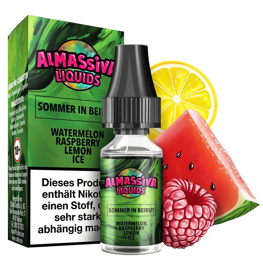 Liquid Sommer in Beirut von Al Massiva Al Massiva Liquids Nikotinsalzflasche und Verpackung mit Wassermelonen-, Himbeer-, Zitronenabbildung, Text "Sommer in Beirut" sichtbar.