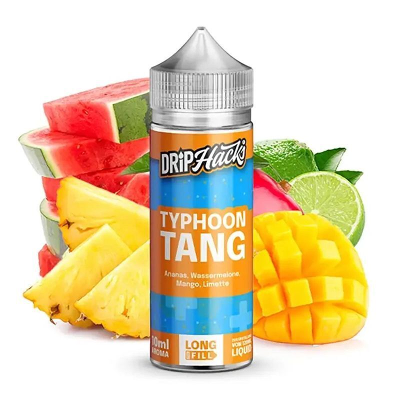 Aroma Typhoon Tang von Drip Hacks Drip Hacks Typhoon Tang Aroma mit Ananas-, Wassermelonen-, Mango- und Limettenstücken im Hintergrund, 10ml Flasche, Longfill.