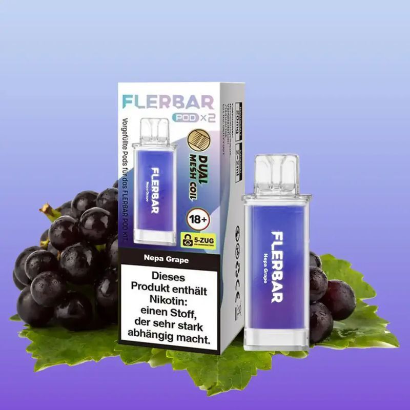 Nepa Grape 20mg - Flerbar Pods Flerbar Pods Nepa Grape 20mg Verpackung und Pod mit blauen Design, Trauben und Blatt im Hintergrund, Hinweise zu Nikotin und Dual Mesh Coil.