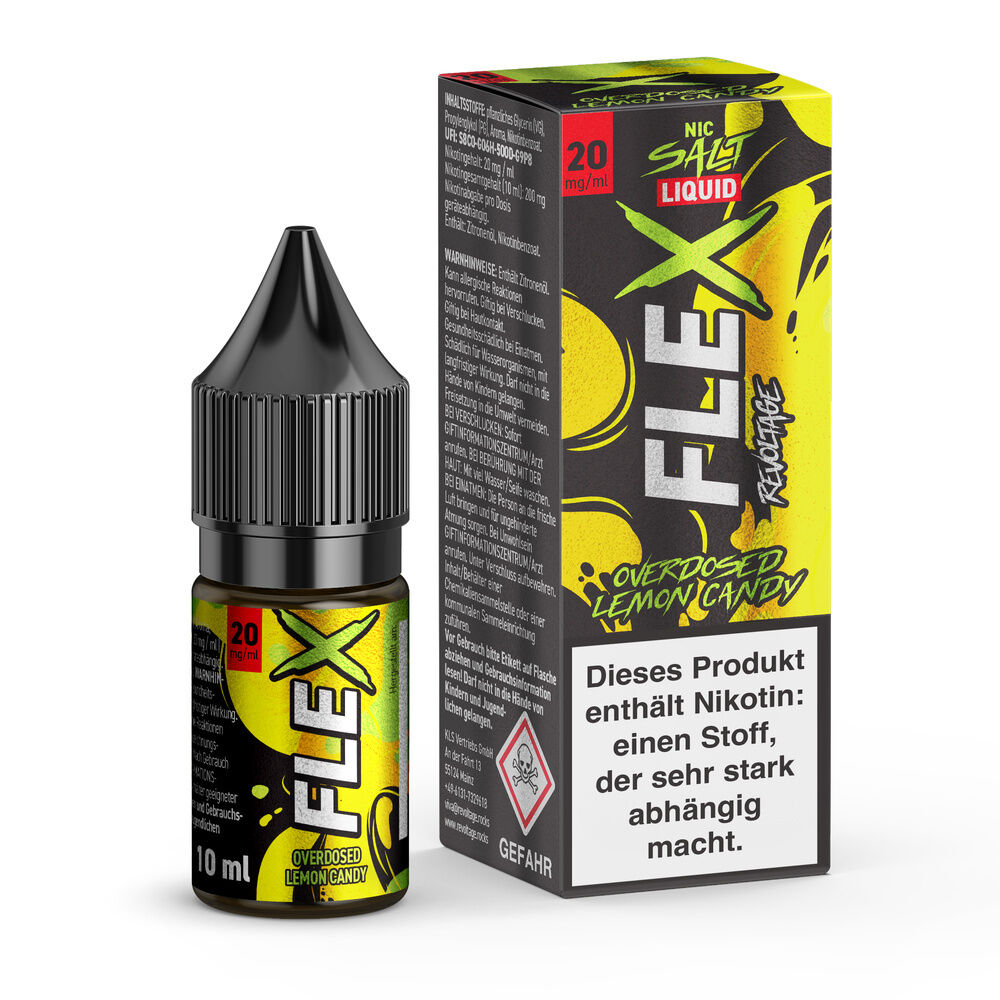 Revoltage Flex Nikotinsalz Liquid Lemon Candy 20mg in einer gelben Verpackung mit Zitrusmotiven und Warnhinweis auf Nikotinsucht.