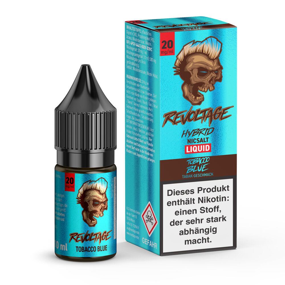 Revoltage Tobacco Hybrid Liquid Blue 20mg Flasche und Verpackung mit Totenkopf-Design, enthält Nikotin, Warnhinweis in deutscher Sprache.