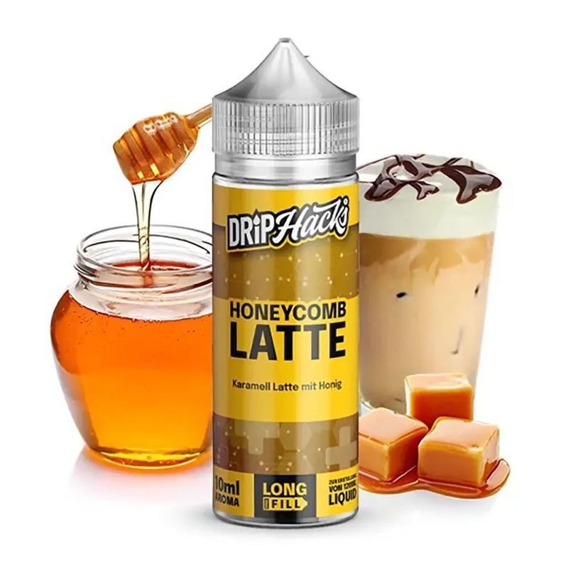 Aroma Honeycomb Latte von Drip Hacks Drip Hacks Aroma Honeycomb Latte Flasche vor Honigglas, Kaffeegetränk mit Sahne und Karamellwürfeln
