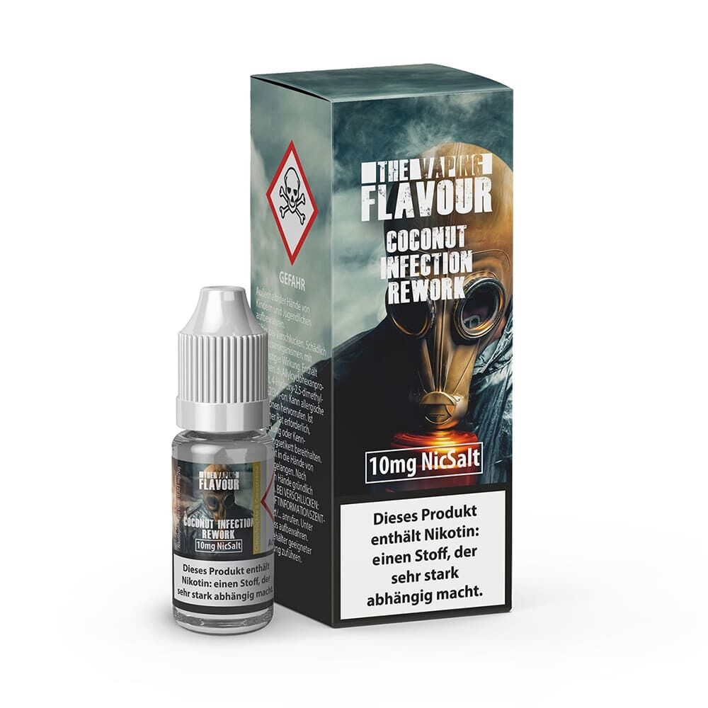 Coconut Infection Rework 10mg - The Vaping Flavour E-Flüssigkeit Nikotinsalz Coconut Infection Rework 10mg, Flasche und Verpackung mit Warnhinweis und Totenkopfsymbol