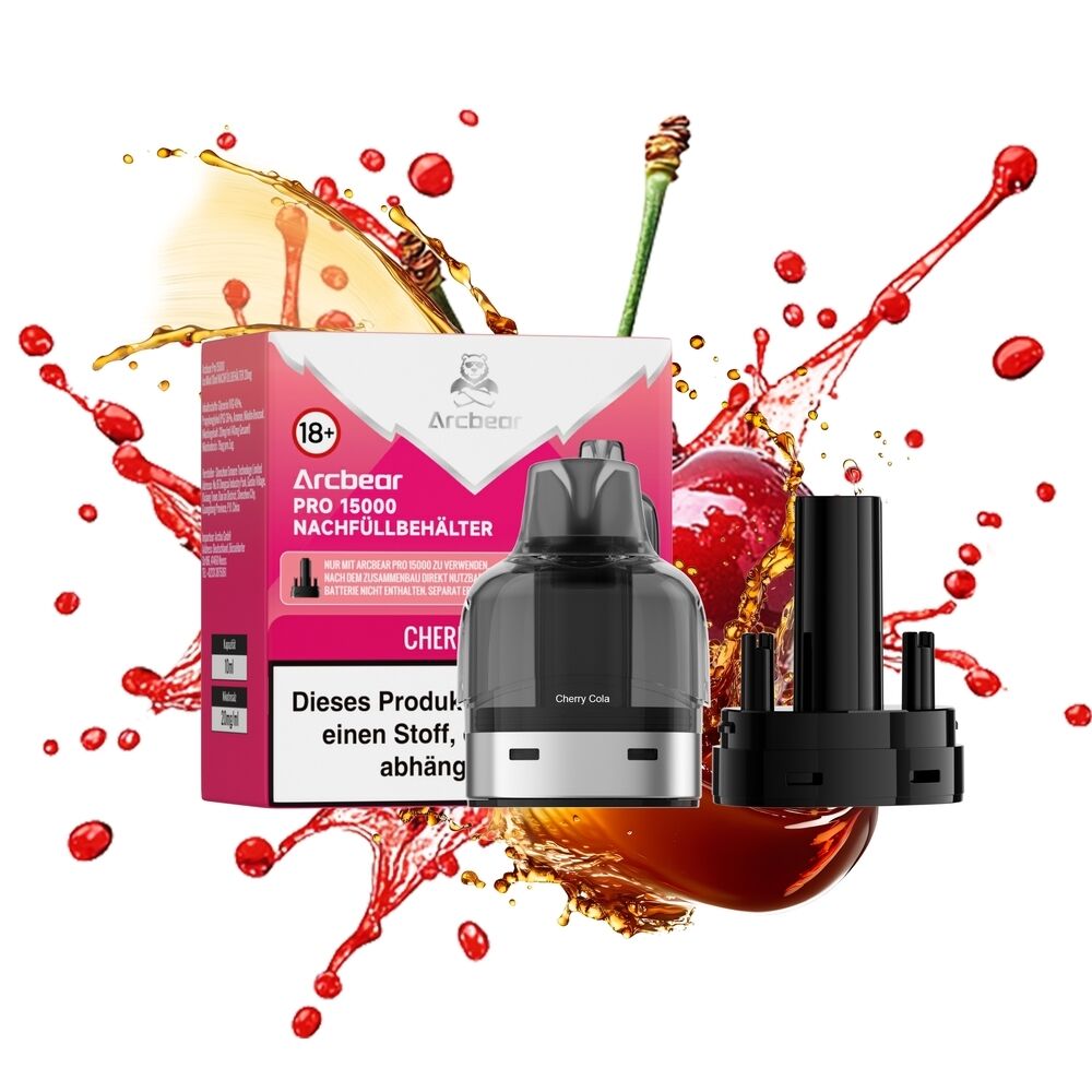 Arcbear Pro 15000 Pods - Cherry Cola Ice 20mg Arcbear Pro 15000 Pods Cherry Cola Ice 20mg Verpackung mit Nachfüllbehälter und Spritzer von Cola und Kirsche im Hintergrund