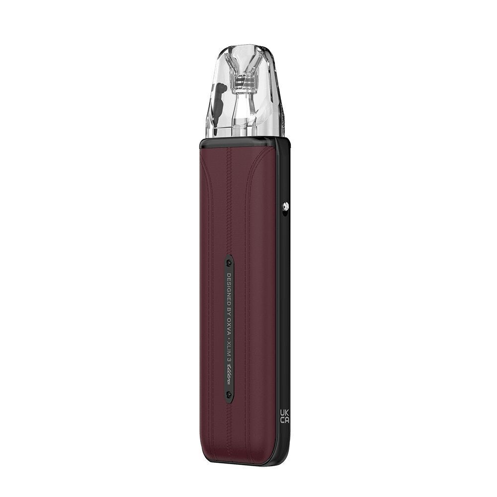 Oxva Xlim 3 Ultra Pod Kit in Bordeaux Red mit klarer Kappe und seitlichem Schriftzug "Designed by Oxva Xlim 3".