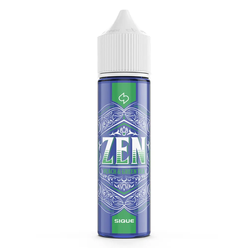 Aroma Zen von Sique Berlin Flasche Sique Berlin Aroma Zen mit blau-grünem Design und Aufdruck "ZEN Peach & Green Tea" unter verschraubbarem weißen Deckel