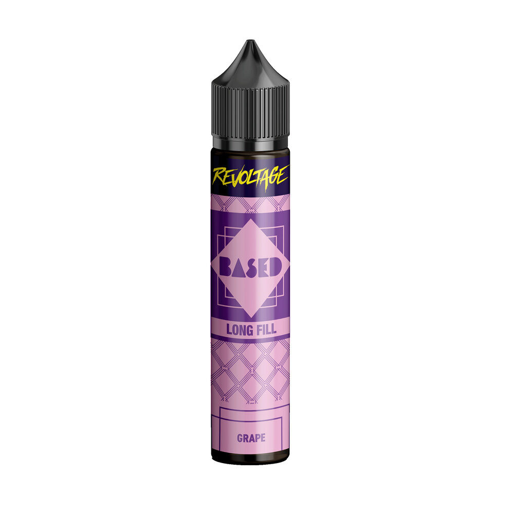 revoltage-based-longfill-aroma-grape Flasche des Longfill Aromas "Revoltage Based Grape" mit lila-rosa Design und schwarzem Verschluss.