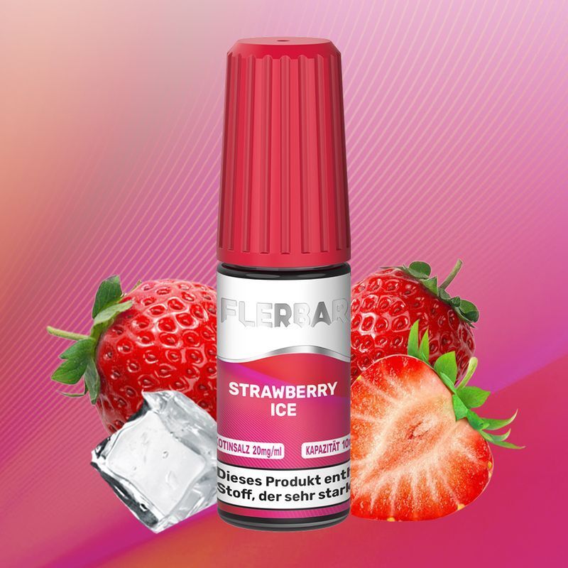 Liquid Strawberry Ice von Flerbar Flasche Flerbar Strawberry Ice Nikotinsalz 20mg mit Erdbeeren und Eiswürfel vor einem pinken Hintergrund