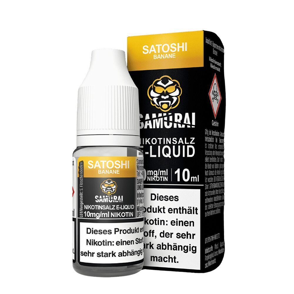 Liquid Satshoi Banane 10mg - Samurai Samurai Nikotinsalz E-Liquid 10ml Flasche und Packung mit Satoshi Banane Geschmacksrichtung, enthält 20mg/ml Nikotin.