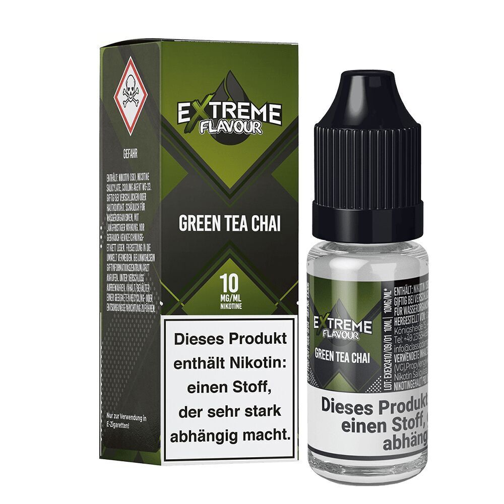 Liquid Grüner Tee Chai 10mg - Extreme Flavour Flasche und Verpackung von "Extreme Flavour Green Tea Chai" Nikotinsalz mit Warnhinweis zur Nikotinabhängigkeit sichtbar.