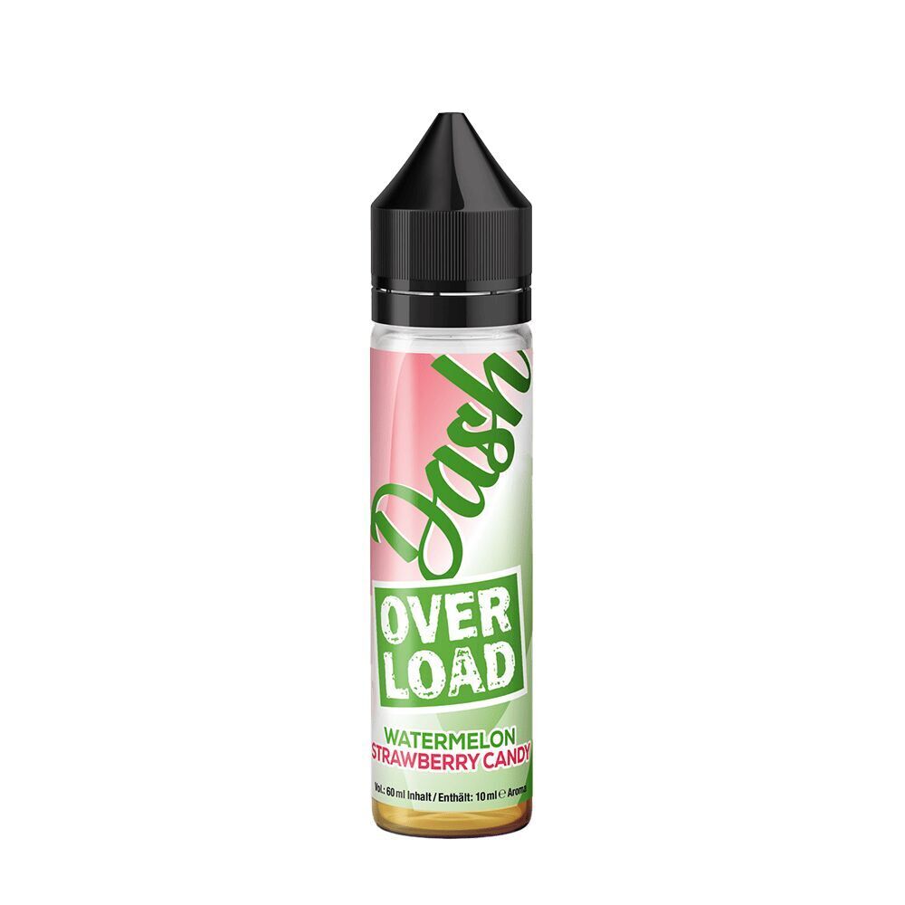 Aroma Watermelon Strawberry Candy von Dash Overload Flasche mit Dash Aroma, Etikett in Rot, Grün und Weiß, Text „Overload“ und „Watermelon Strawberry Candy“, schwarze Kappe.