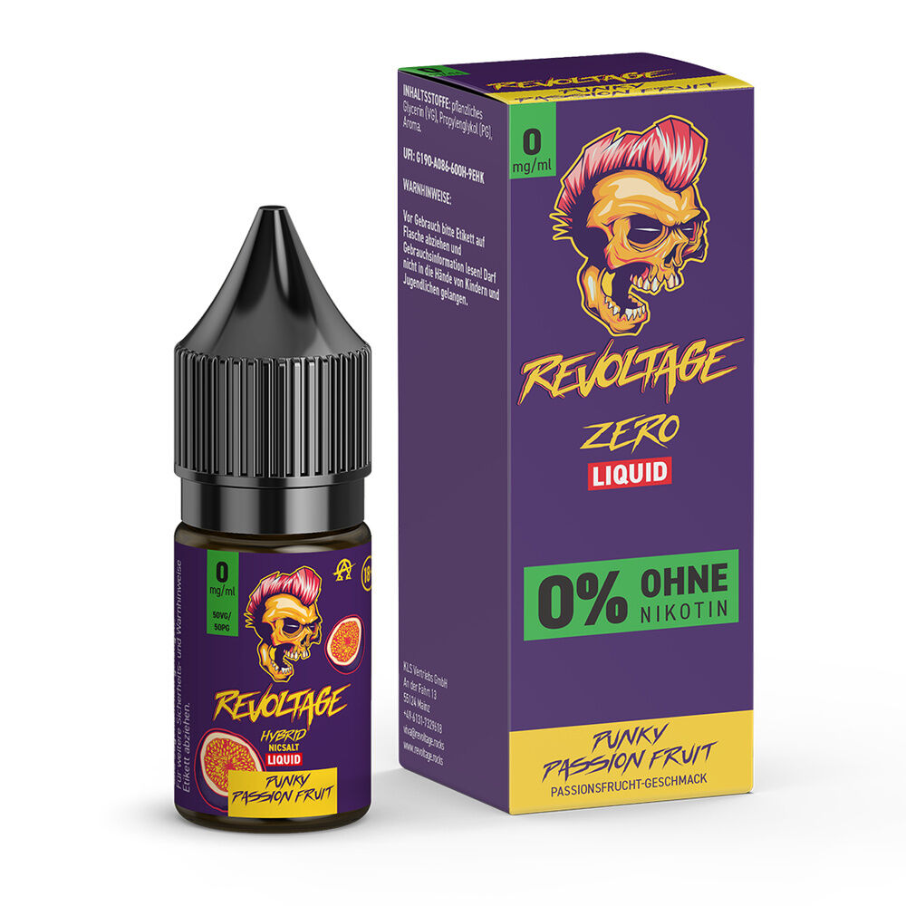 Flasche und Verpackung von Revoltage Hybrid Liquid Punky Passion Fruit 0mg mit einem Totenkopf-Design, ohne Nikotin, Passionsfrucht-Geschmack