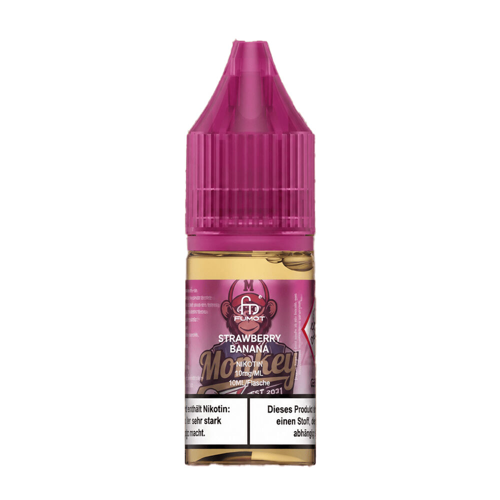 RandM Tornado Nikotinsalz Liquid - Strawberry Banana RandM Tornado Nikotinsalz Liquid Flasche mit pinkem Verschluss, Etikett zeigt Strawberry Banana Geschmack, 10mg Nikotin, 10ml Inhalt