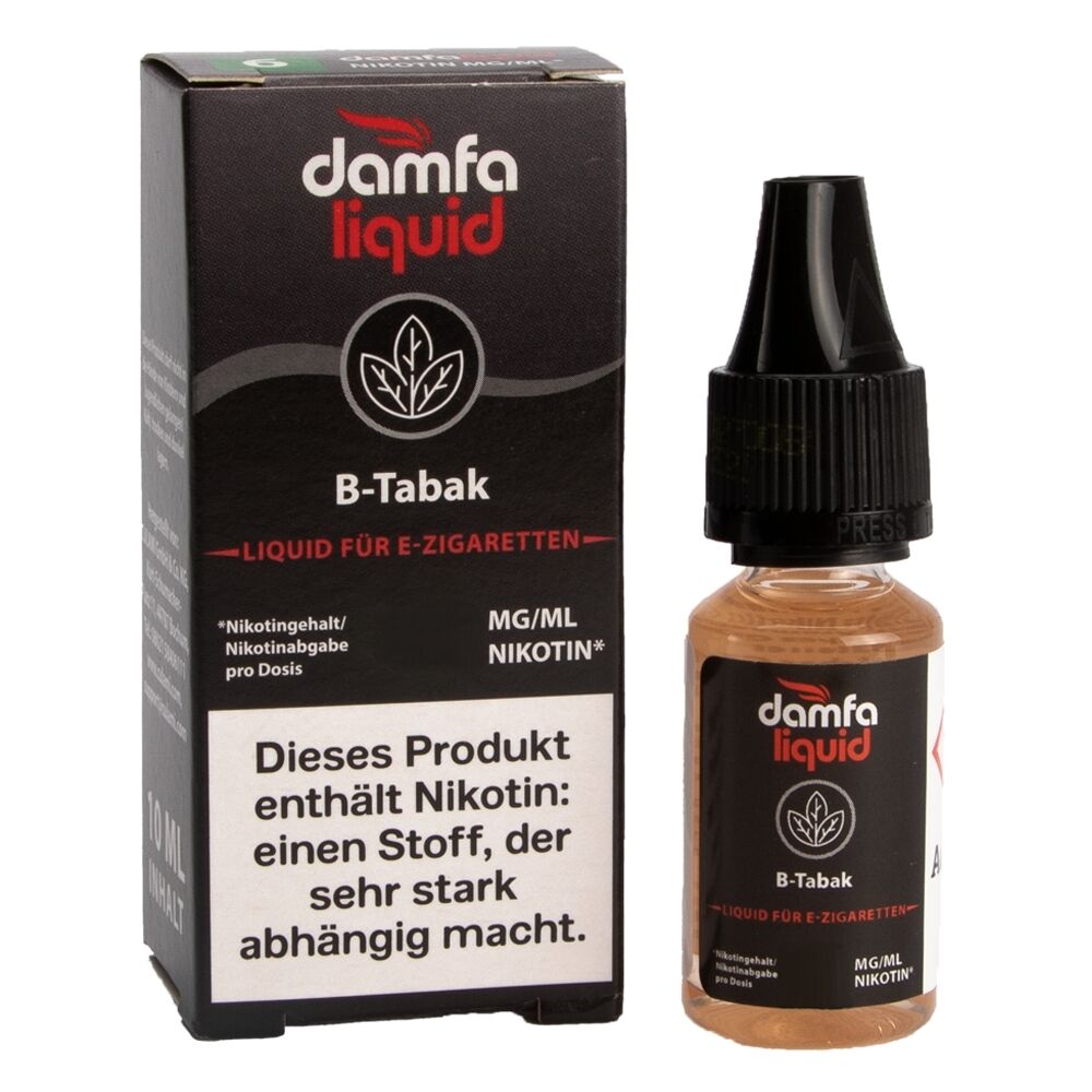 Damfaliquid Liquid - B Tabak Damfaliquid B-Tabak E-Zigaretten-Liquid, 10-ml-Flasche neben Verpackung mit Nikotinwarnung, schwarz-rote Etiketten mit Blattmotiv