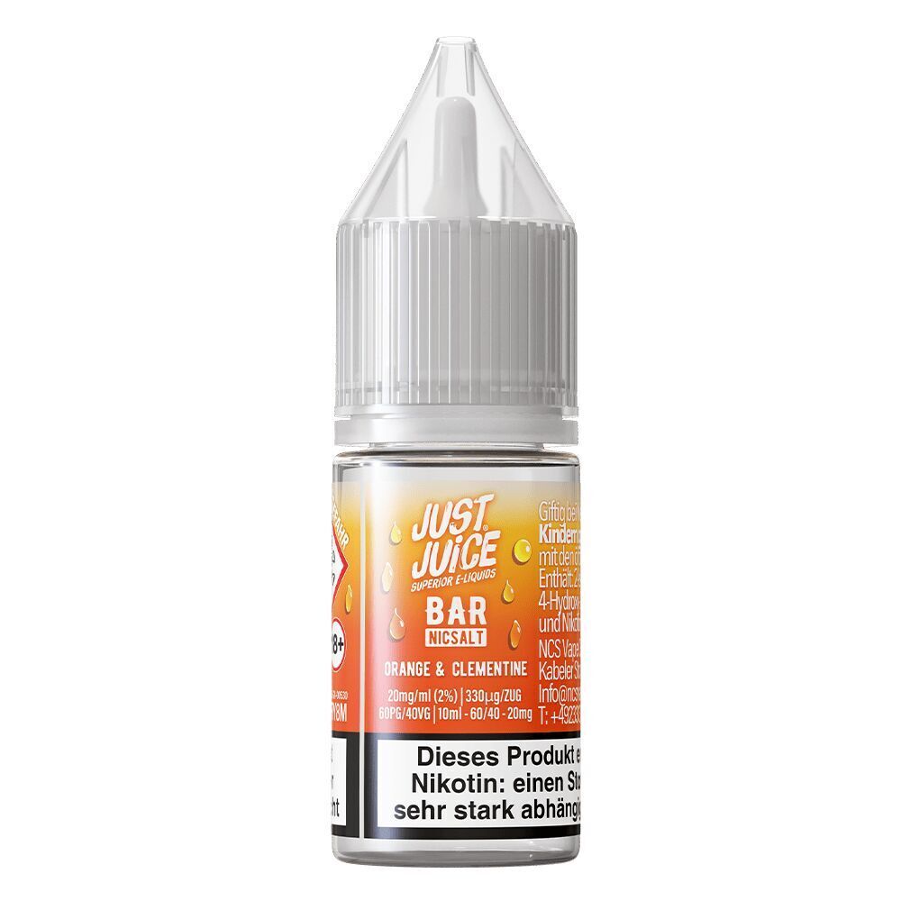 Liquid Orange & Clementine 20mg - Just Juice E-Liquid-Flasche "Just Juice Nic Salt", Geschmacksrichtung Orange & Clementine, mit 20mg Nikotin und Warnhinweisen.