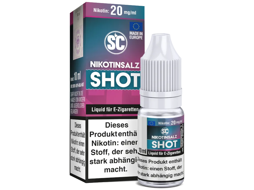 Nikotinsalz Shots 20mg - SC Nikotinsalz Shots 20mg SC 70/30, Flasche und Verpackung mit Text "Liquid für E-Zigaretten", Hinweis auf Nikotingehalt und Abhängigkeit.