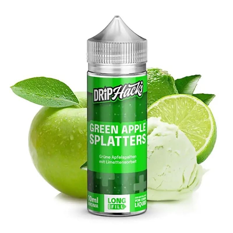 Aroma Green Apple Splatters von Drip Hacks Drip Hacks Aroma Green Apple Splatters Flasche vor grünem Apfel, Limette und Limettensorbet, mit Branding und Produktinformationen sichtbar
