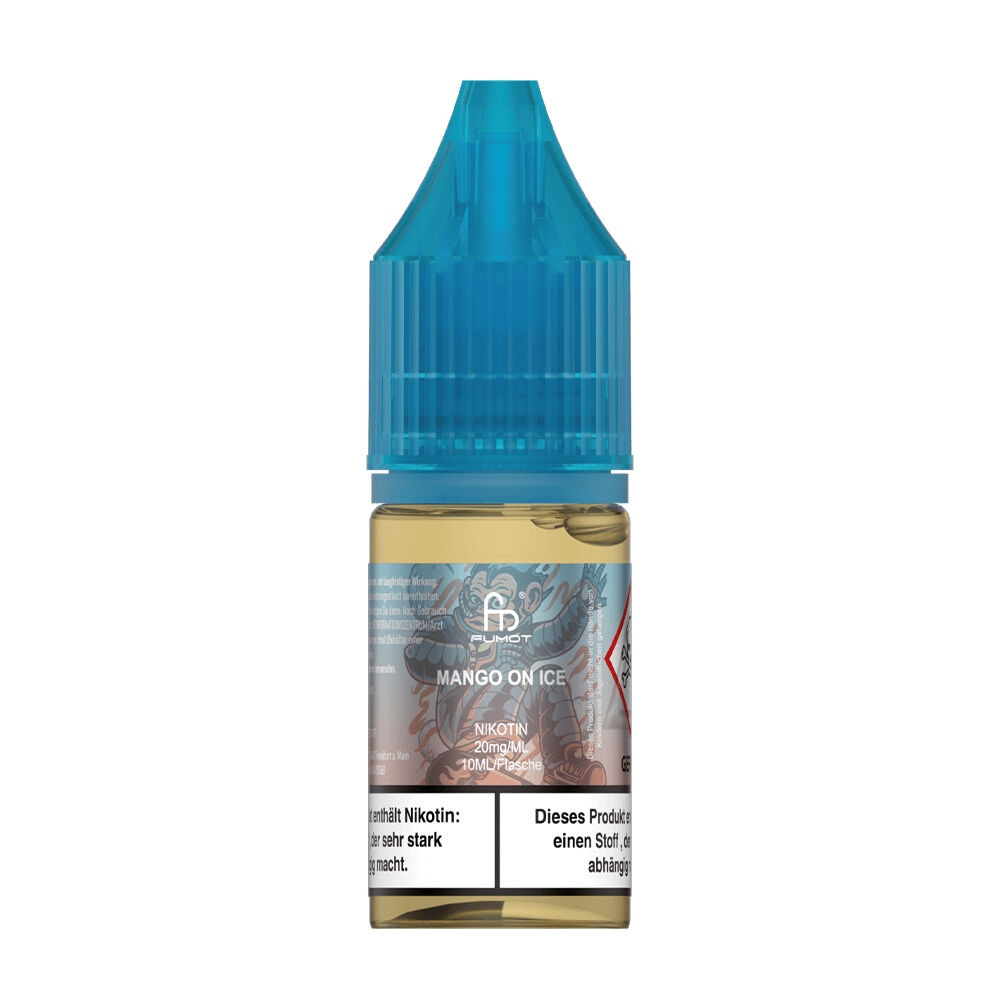 RandM Tornado Nikotinsalz Liquid RandM Tornado Nikotinsalz Liquid Mango on Ice 20mg, 10ml Flasche mit blauem Deckel und Warnhinweis zur Nikotinsucht.