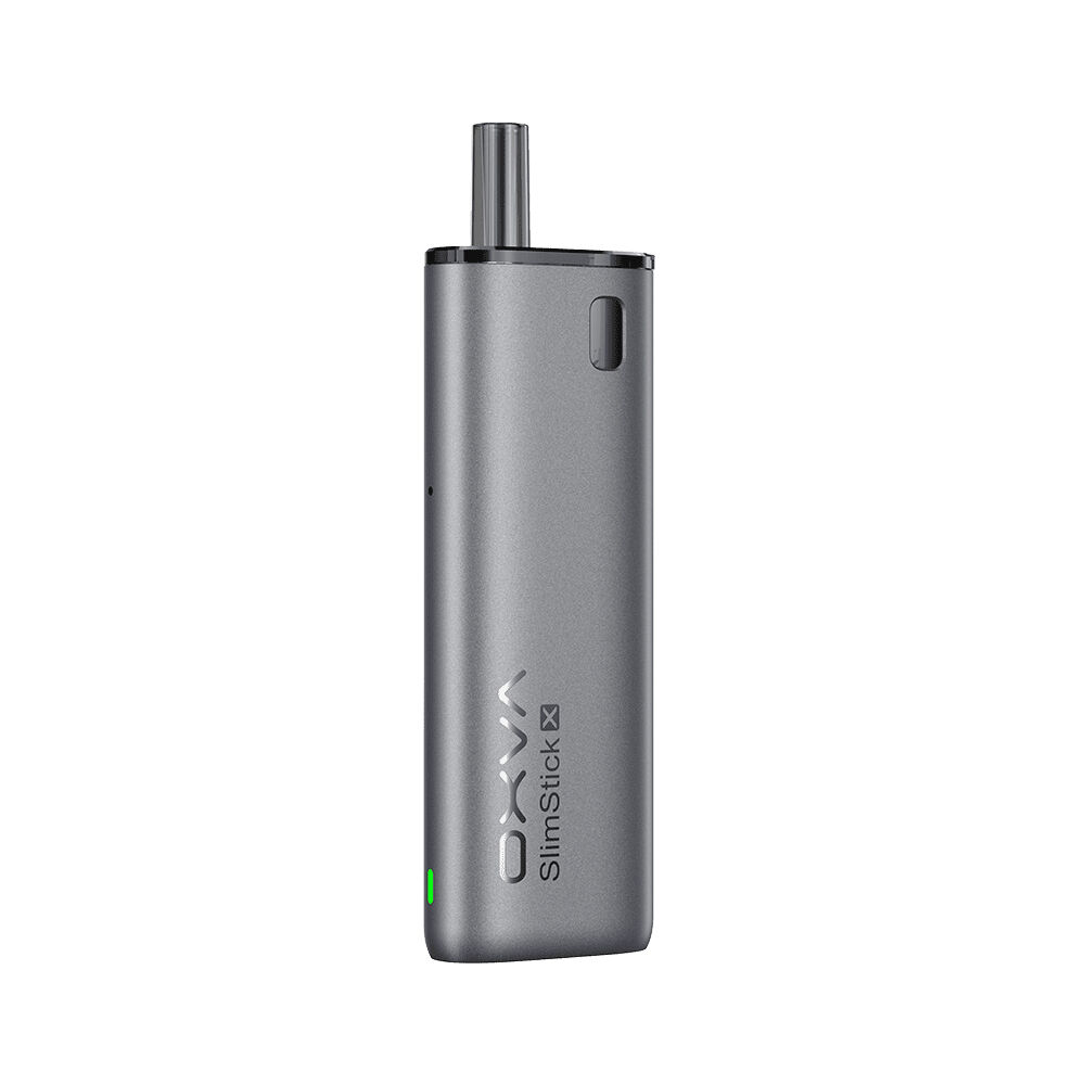 OXVA SlimStick X Pod Kit - Gray OXVA SlimStick X Pod Kit in Grau, kompakt mit integriertem Mundstück und seitlicher Steuertaste, Schriftzug OXVA auf der Vorderseite.