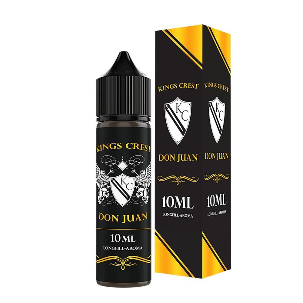 Kings Crest Aroma - Don Juan Kings Crest Aroma Don Juan Flasche und Verpackung, 10 ml, schwarz-goldenes Design mit weißem Schild-Emblem und gelben Details
