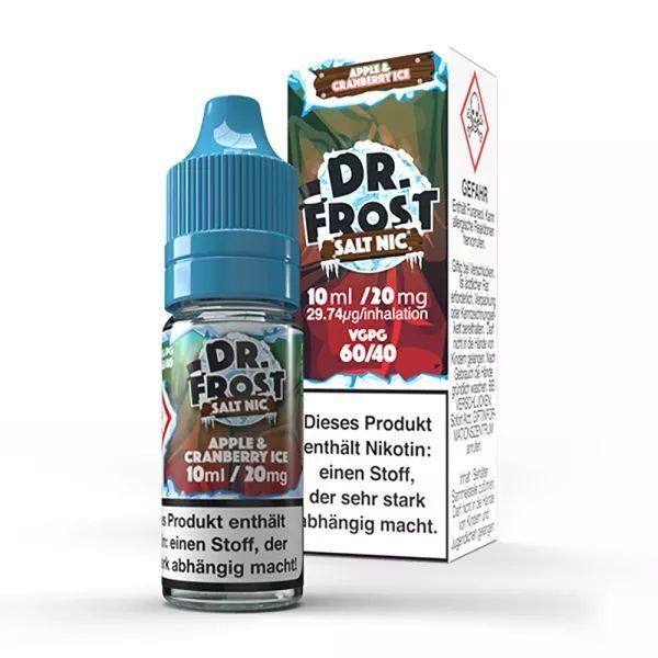 Liquid Apple & Cranberry Ice mit 20mg Nikotin von Dr. Frost Flasche Dr. Frost Salt Nic Apple & Cranberry Ice 20mg vor einer weißen Schachtel mit Warnhinweisen und Prozentangaben