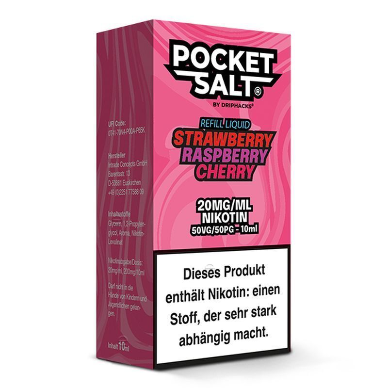 Pocket Salt Nikotinsalz-Packung mit Erdbeer-Himbeer-Kirsche-Geschmack, 20mg Nikotin pro ml, Warnhinweis zur Abhängigkeit.