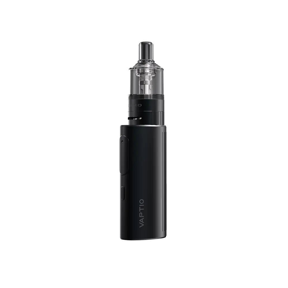 Vaptio Cosmo Prime Kit Schwarzes Vaptio Cosmo Prime Kit mit durchsichtigem Mundstück und sichtbarem Knopf, vertikal auf weißem Hintergrund.