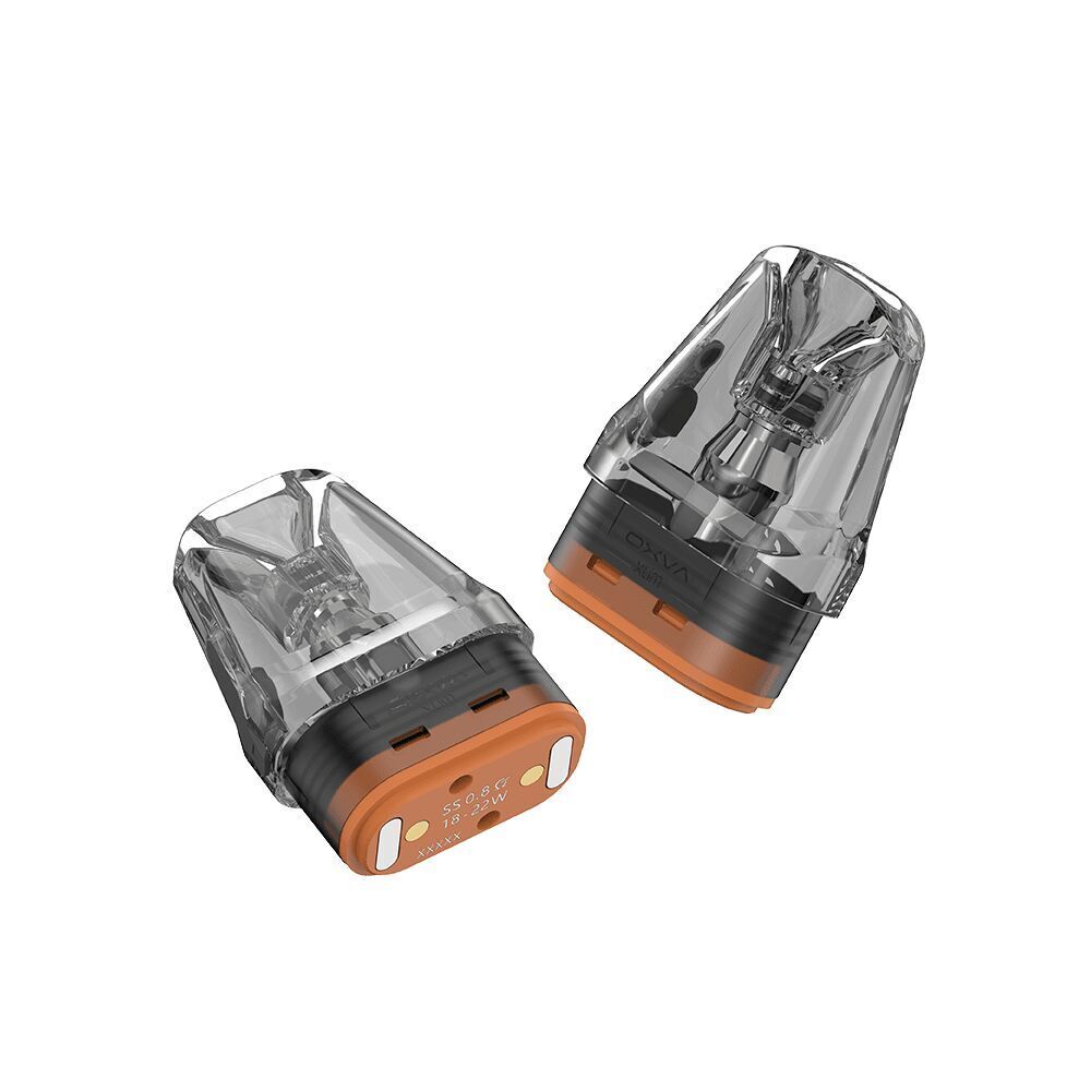 Oxva Xlim DNA Pods mit Coil - 0,8 Ohm Zwei Oxva Xlim DNA Pods mit 0,8 Ohm Coil in transparenter Kunststoffhülle und orangefarbenem Element, freigelegt auf weißem Hintergrund.