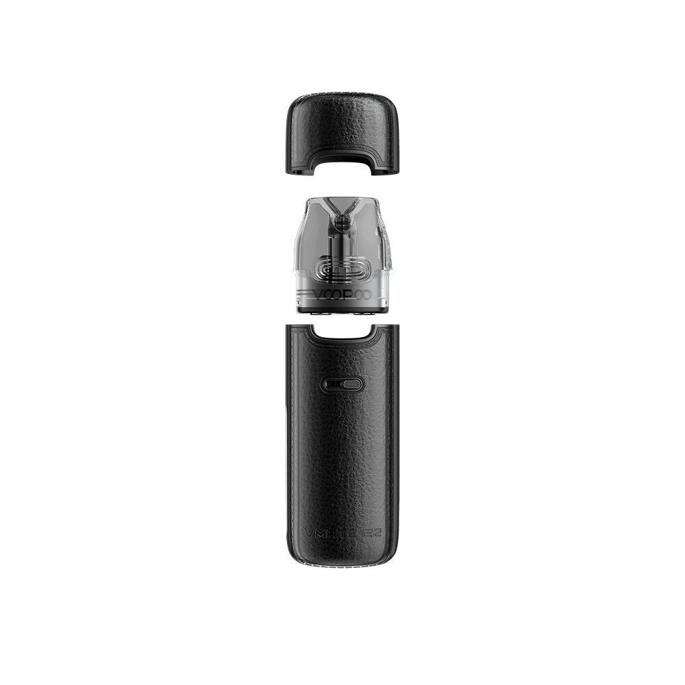 Voopoo Vmate E2 Pod Kit in Jet Black mit abnehmbarem Oberteil und durchsichtigem Pod samt sichtbarem Branding auf weißem Hintergrund