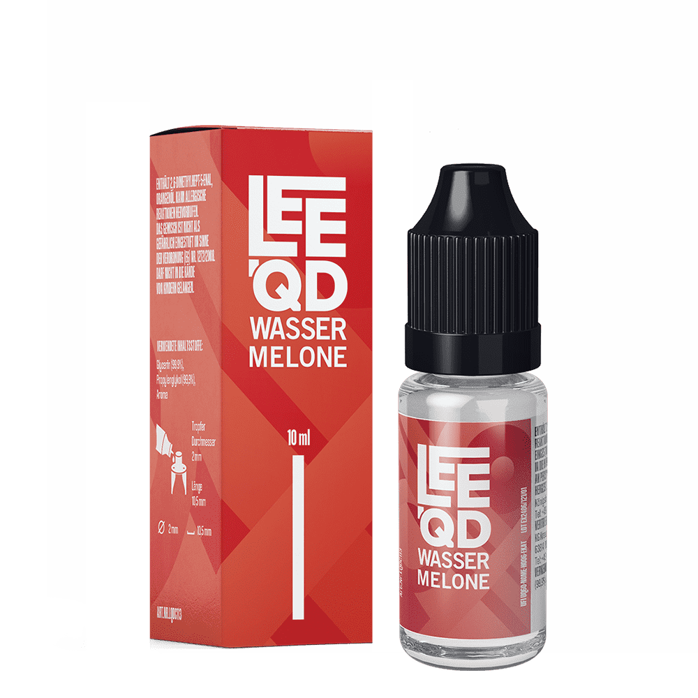 Liquid Fruit Wassermelone 0mg - Leeqd Leeqd Liquid Flasche und Verpackung mit der Aufschrift Wasser Melone, rote Farbtöne, 10 ml Flasche mit schwarzem Deckel