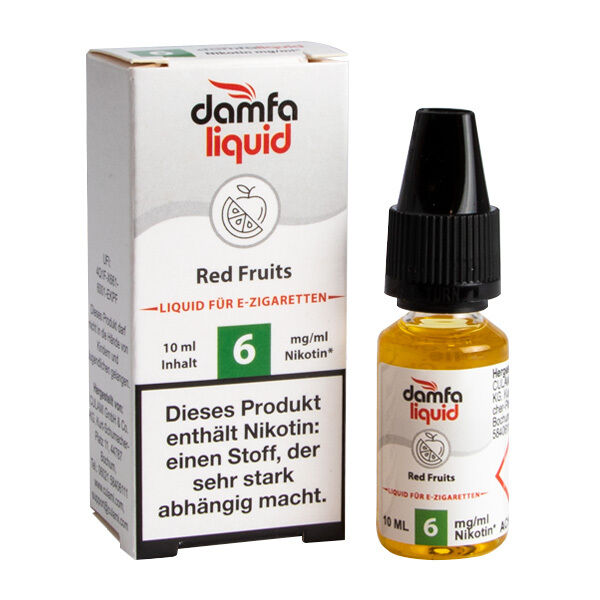 Liquid Red Fruits 6mg - damfaliquid Damfaliquid Flasche und Verpackung für E-Zigaretten mit Red Fruits und 6mg Nikotin, enthält Hinweis zur Abhängigkeit auf der Packung