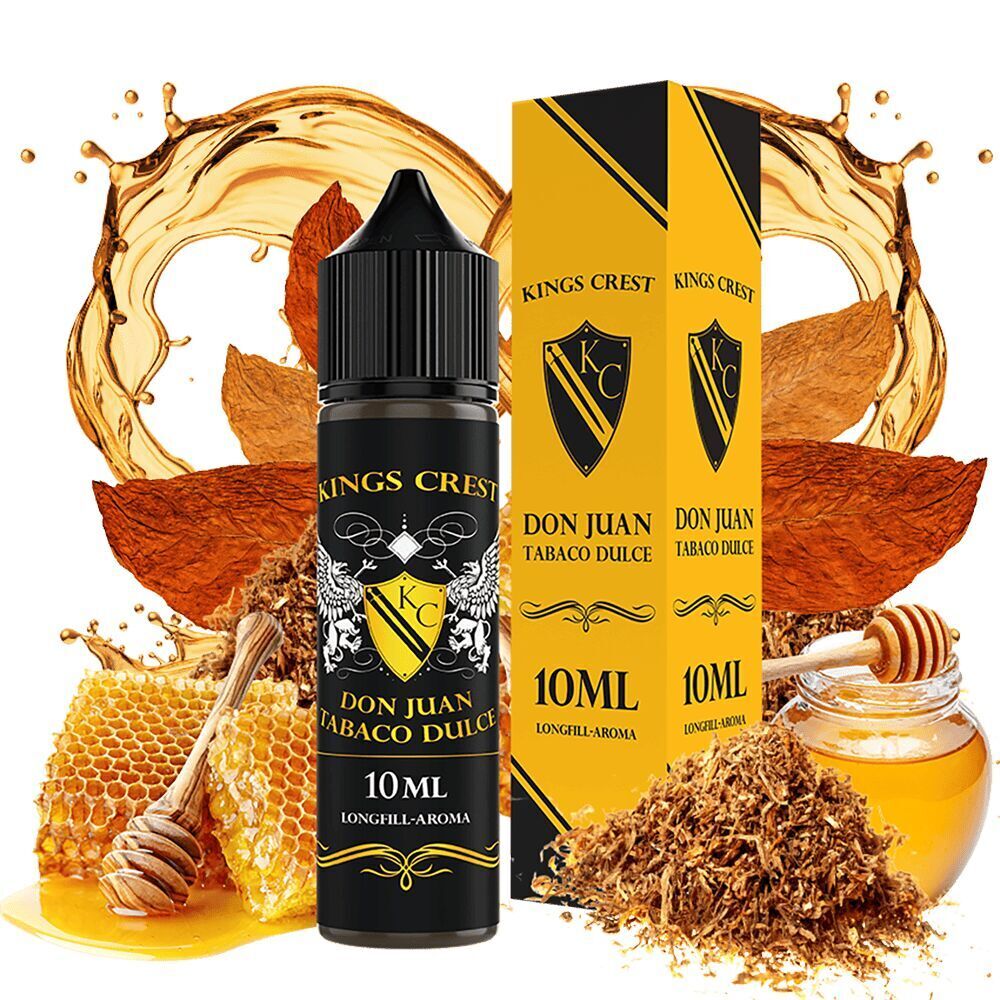 Kings Crest Aroma - Don Juan Tobaco Dulce Kings Crest Don Juan Tobaco Dulce Aroma Flasche und Verpackung vor Tabakblättern, mit Honig und Honigwabe im Hintergrund.