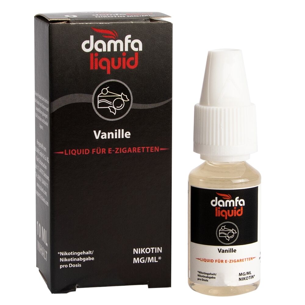 Liquid Vanille 12mg - Damfaliquid Damfaliquid Vanille E-Zigaretten-Liquid, Flasche und Verpackung, schwarzes Design mit roten und weißen Akzenten, enthält Nikotin.
