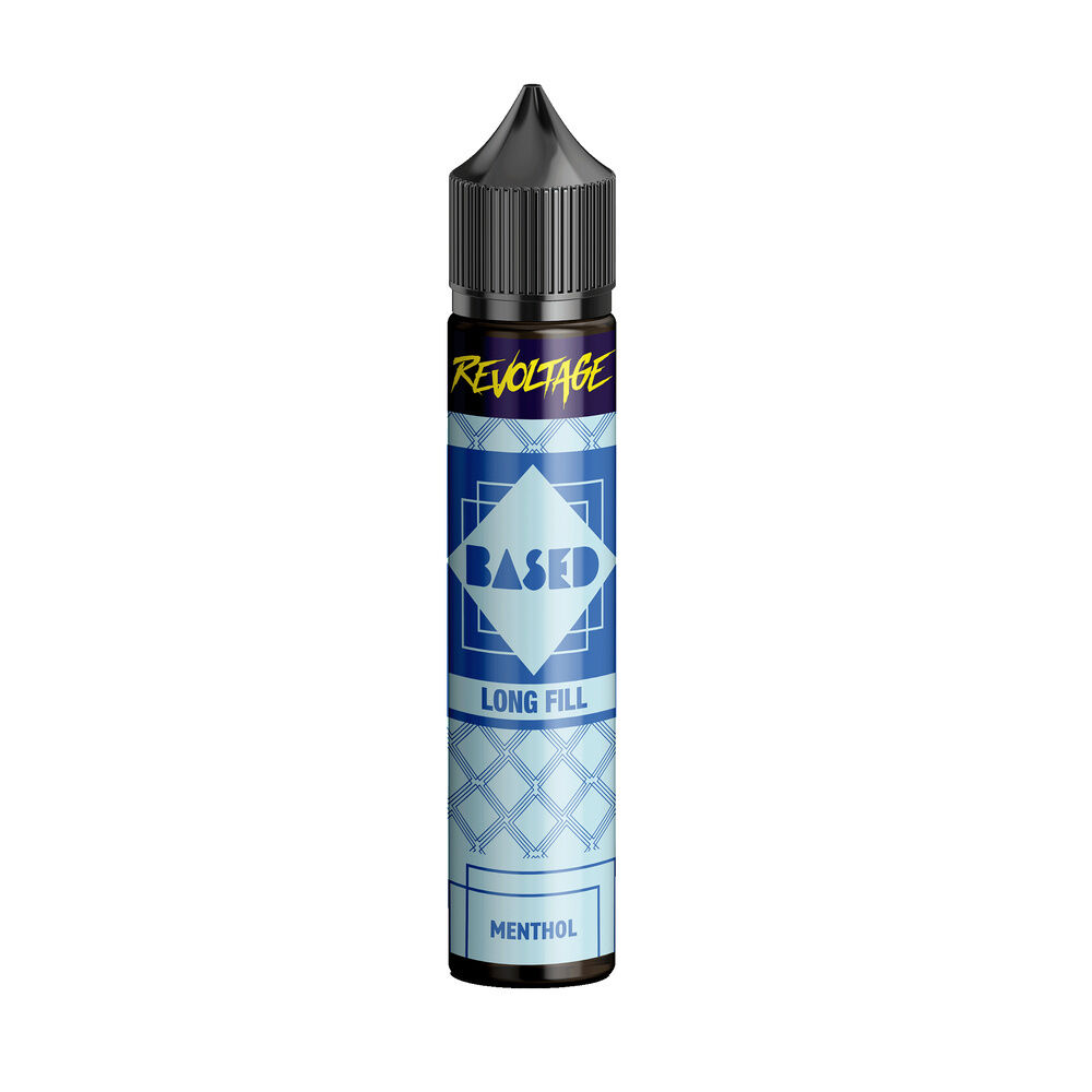 Revoltage Based Longfill Aroma Flasche mit blauem Design, Aufschriften „BASED“ und „Menthol“ auf dem Etikett