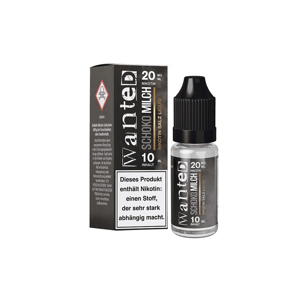 Liquid Schokomilch von Wanted Wanted Nikotinsalz Schokomilch, 20 mg Nikotin, 10 ml Liquidflasche neben Verpackung mit Warnhinweis über Nikotinsuchtpotenzial