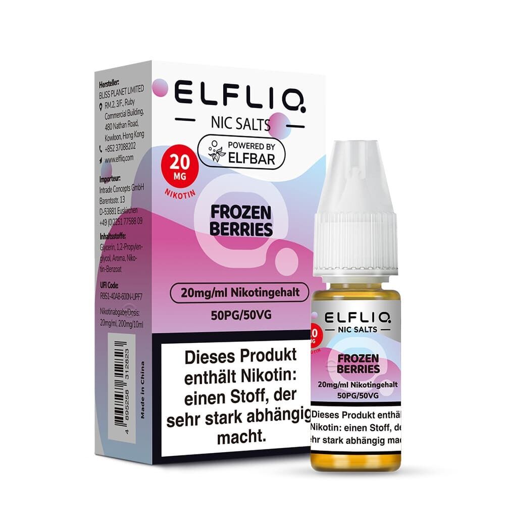 Elfliq Nikotinsalz - Frozen Berries 20mg Elfliq Nikotinsalz Frozen Berries 20mg Packung und Flasche; 20mg/ml Nikotingehalt, 50PG/50VG; enthält Nikotin, abhängig machender Stoff.