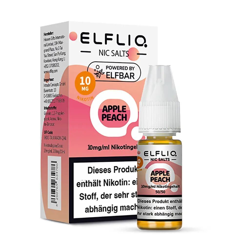 Elfliq Nikotinsalz - Apple Peach 10mg Flasche Elfliq Nikotinsalz Apple Peach 10mg vor Verpackung mit Apple Peach 50/50 Label und Warnhinweis zur Nikotinsucht