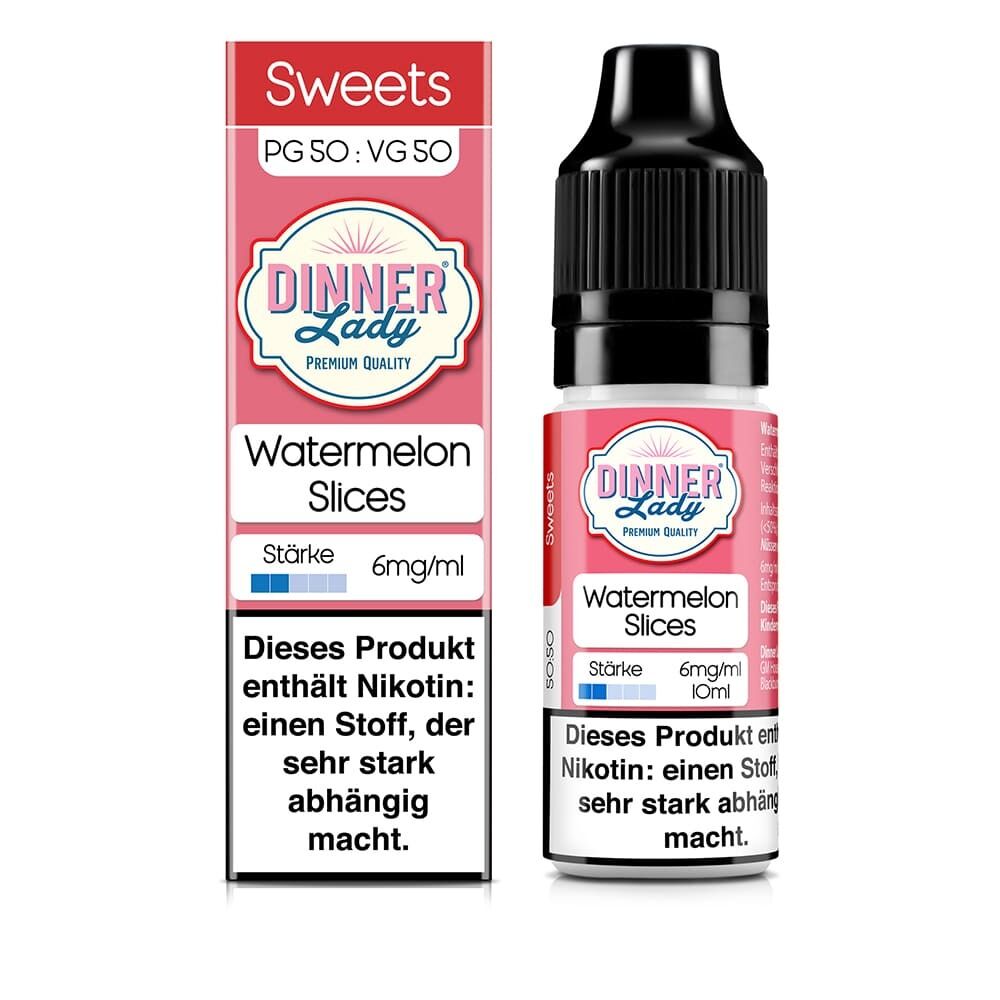 Liquid Watermelon Slices mit 6mg Nikotin von Dinner Lady Dinner Lady Liquid Watermelon Slices 6mg, rosa Verpackung und Flasche; "Dieses Produkt enthält Nikotin: einen Stoff, der sehr stark abhängig macht."