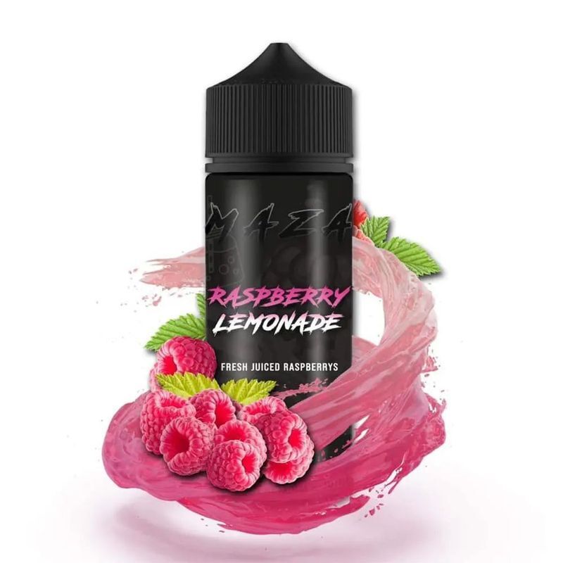 Aroma Raspberry Lemonade von MaZa MaZa Aroma Raspberry Lemonade Flasche mit Aufschrift, umgeben von spritzender Himbeerflüssigkeit und frischen Himbeeren