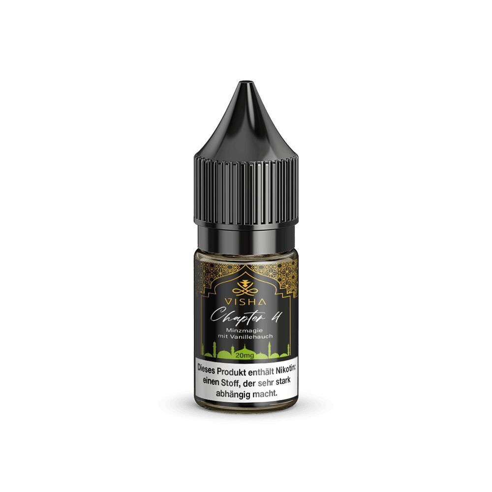 Liquid Chapter 4 - Visha Flasche Visha Nikotinsalz Chapter 4 mit schwarzem Deckel und goldenem Etikett, aromatisiert mit Minzmagie und Vanille, 20 mg Nikotin.
